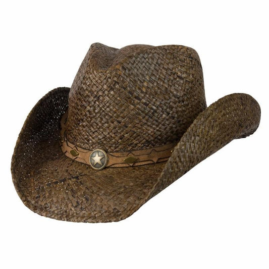 Western straw hat hand braided from raffia in Brown color with faux leather band and brass colored star and conchos