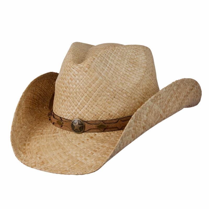 Western straw hat hand braided from raffia in Natural color with faux leather band and brass colored star and conchos