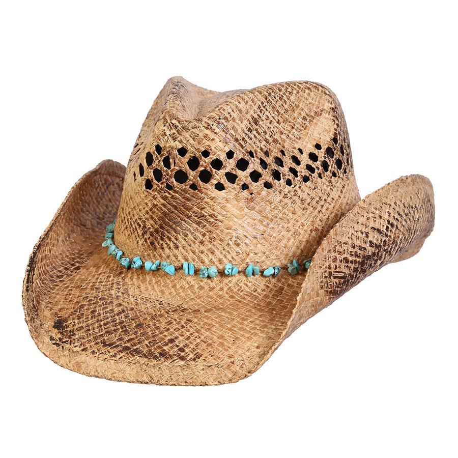 Raffia straw western hat with Turquoise colored stones and shapeable brim with vented crown