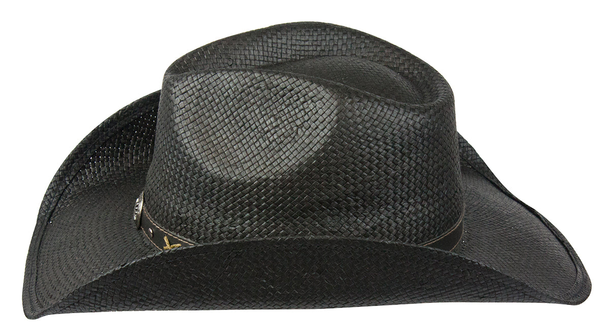 Side view of western straw hat in color Black with silver conch and faux leather band showing shapeable brim
