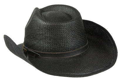 Back view of western straw hat in color Black with faux leather band