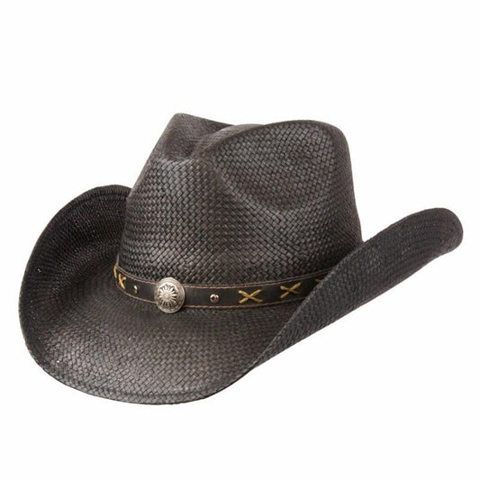 Western straw hat in color Black with silver conch and faux leather band 