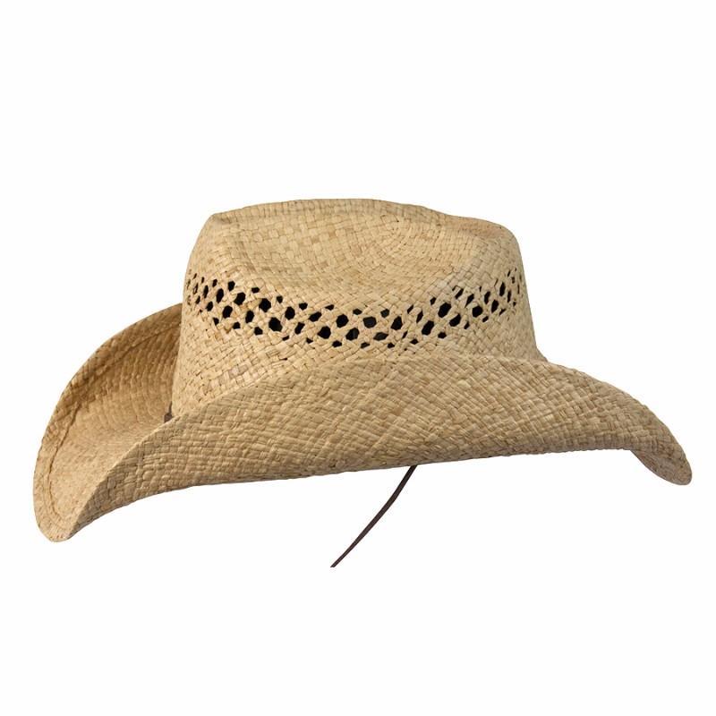 Side view of Conner straw western hat cattleman crown with vented crown and leather chin cord