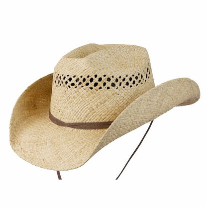 Straw western hat cattleman crown with vented crown and leather chin cord