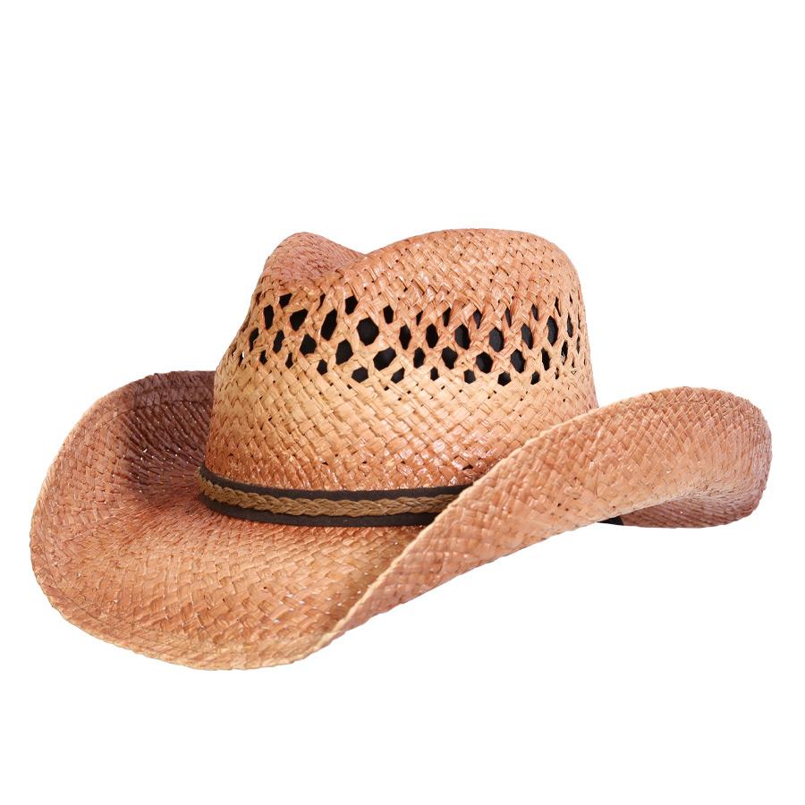 Straw western hat with shapeable brim and vented crown for air flow