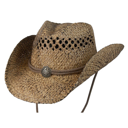 Hand braided raffia straw western hat with vented crown in Coffee color