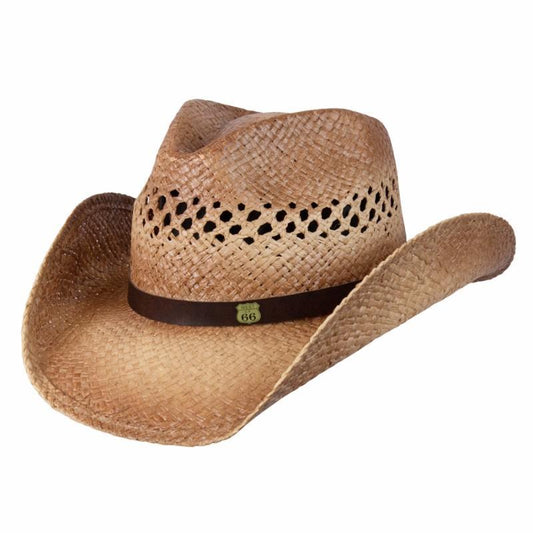 Western straw hat with vented crown and route 66 logo on vegan hat band