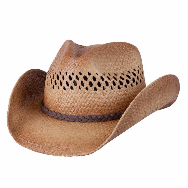 Straw Western vented crown hat with vegan leather braided band