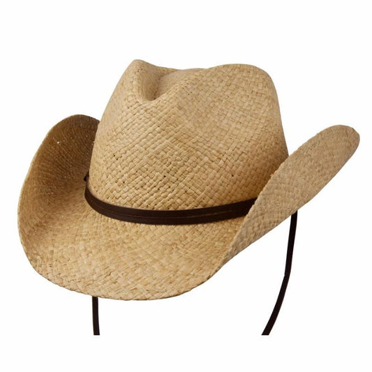 Hand braided raffia straw western hat with a leather chin cord