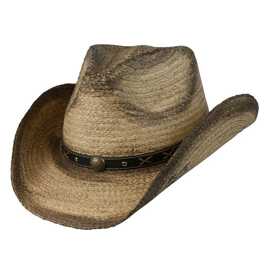 Coffee stained straw western hat with shapeable brim and brass colored concho on black vegan band