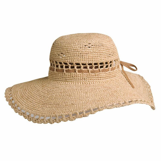 Women's raffia straw wide brim hand crocheted summer hat with an open weave vent in crown and edge