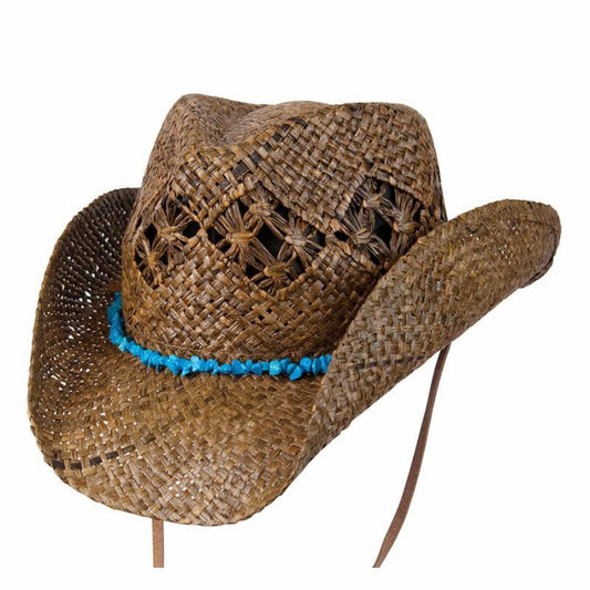 Organic raffia western straw hat in color Brown with turquoise colored stones and vented crown for air flow and features a faux leather chin cord