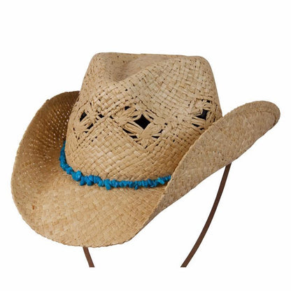 Organic raffia western straw hat in color Natural with turquoise colored stones and vented crown for air flow and features a faux leather chin cord