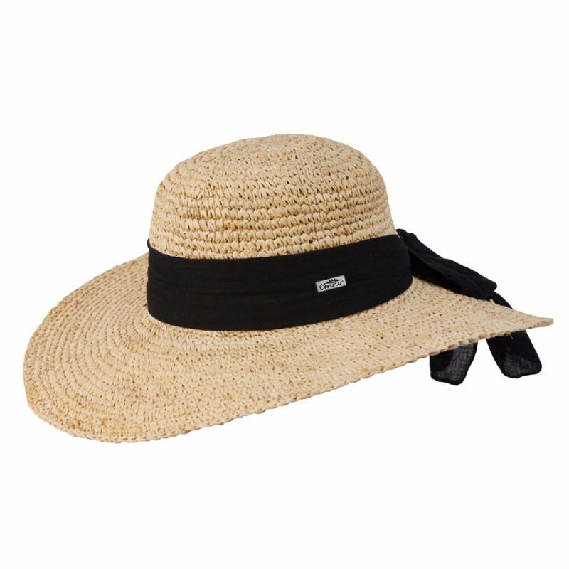 Ladies raffia straw sun hat with wide elegant crocheted brim