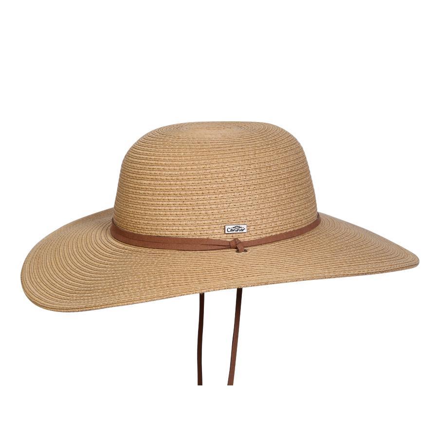 Straw women's sun protection hat in color Taupe with chin cord
