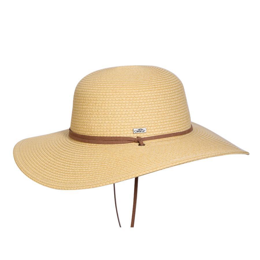 Straw women's sun protection hat in color Toast with chin cord
