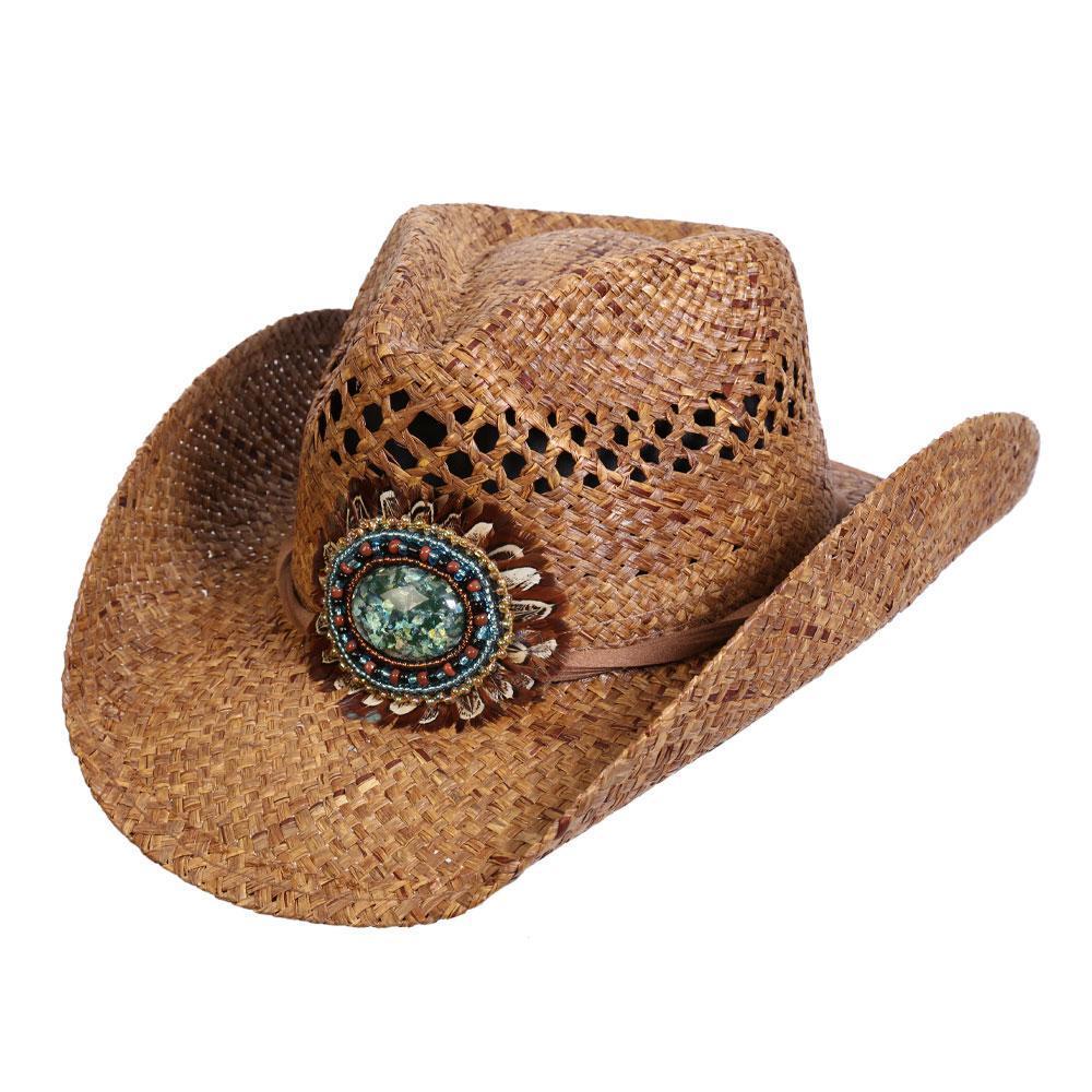 Raffia straw western women's hat with vented crown and beautiful beaded feather concho in color Brown