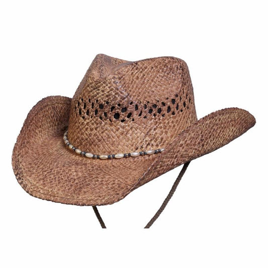 Straw Women's western Hat with pearl and silver colored beads and chin cord