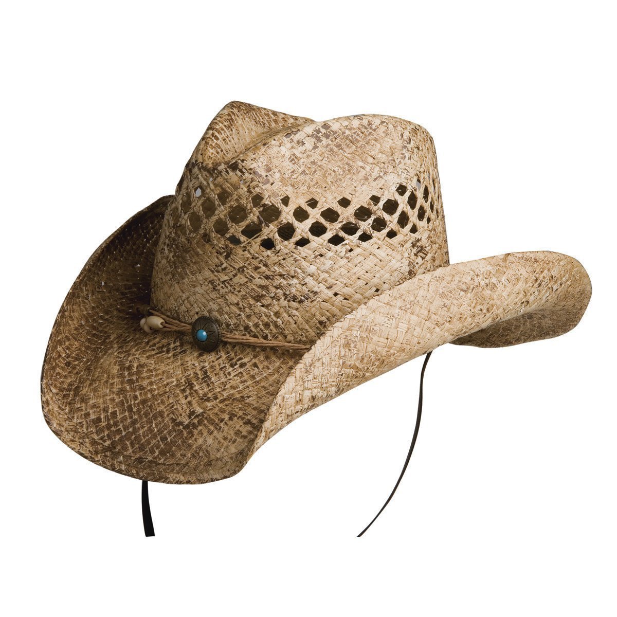 Straw western raffia hat with vented crown and chin cord 