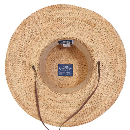 inside view of straw wide brim ladies sun hat with chin cord