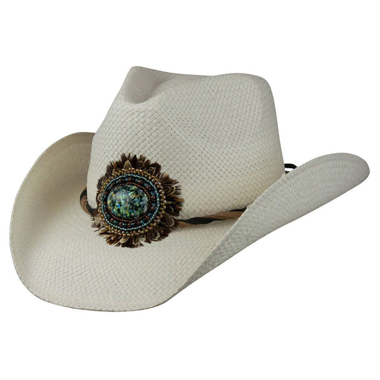 White straw Women's western hat with feather and bead emblem on front