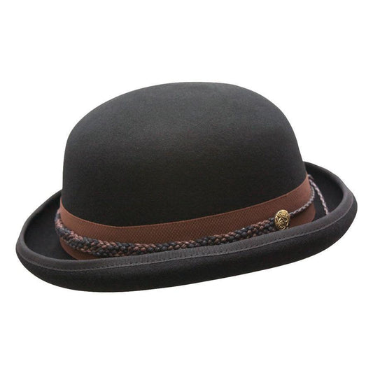 Wool  bowler/derby hat in color Black with a braided Black and Brown band and brass colored emblem