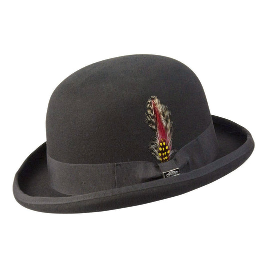 Wool Bowler/Derby hat in color back with feather trim and grosgrain band and trim 