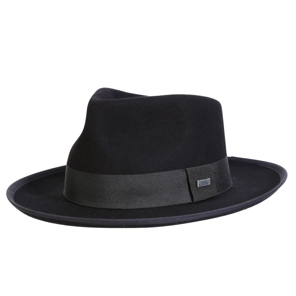 Wool fedora hat in color black with bound edge and grosgrain band