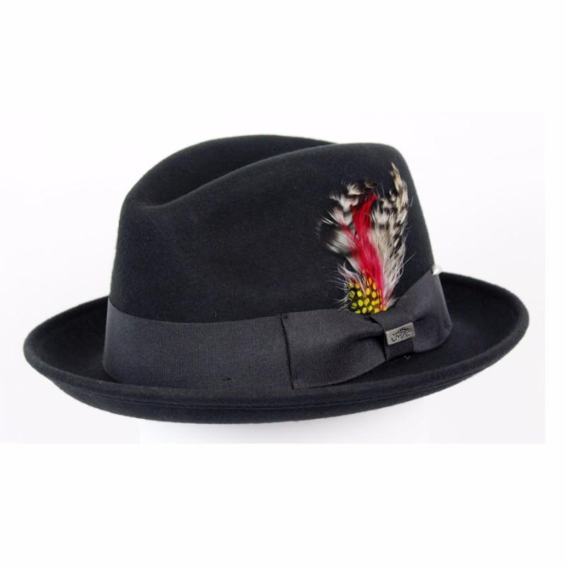 Fedora wool hat with grosgrain bow band and feather accent  also featuring a snap up brim