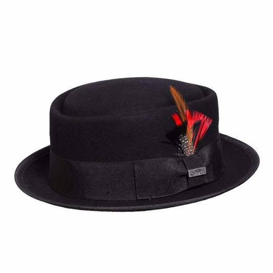 Wool fedora porkpie  hat in color Black with feather accent