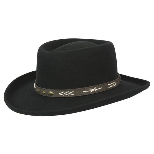 Wool Gambler shaped hat in color Black with leather band featuring accented stitching and diamond shaped dull brass studs
