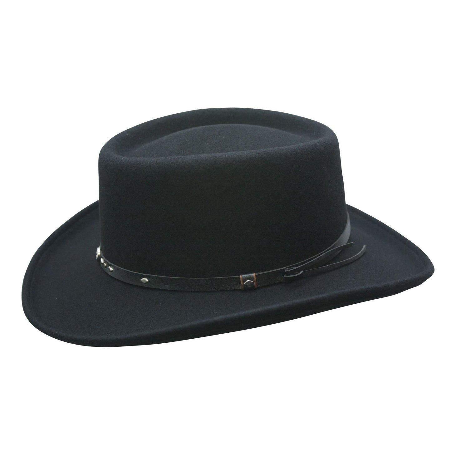 Black wool gambler hat with vegan band with silver colored studs