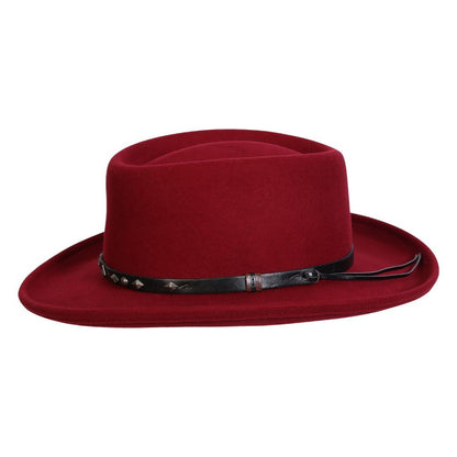 Burgundy wool gambler hat with vegan band with silver colored studs