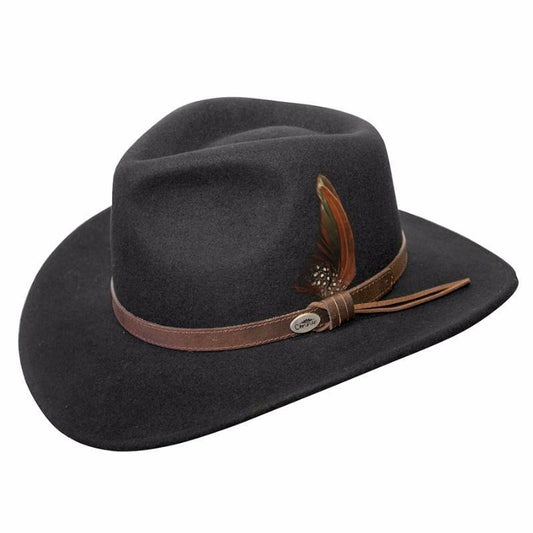 Cruelty free crushable wool outback style hat in color Black with pinched crown and faux leather Brown hat band with stitching and a feather