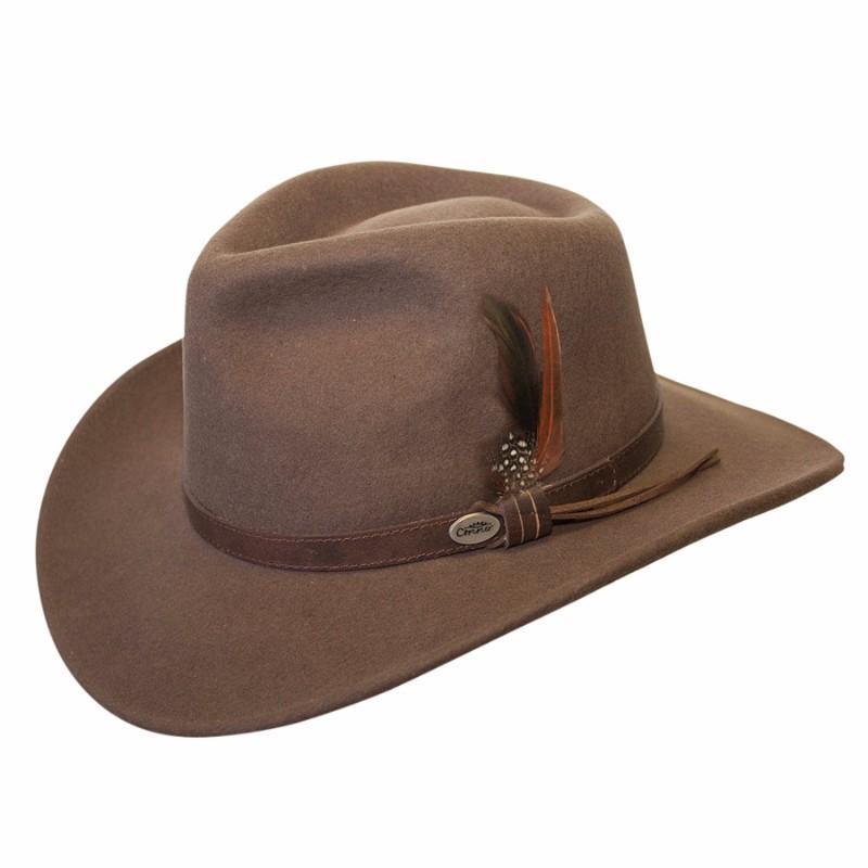 Cruelty free crushable wool outback style hat in color Brown with pinched crown and faux leather Brown hat band with stitching and a feather
