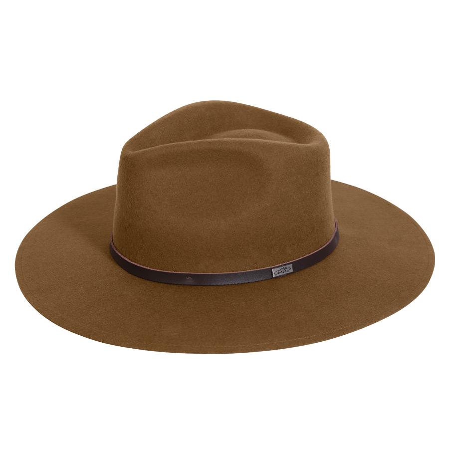 Stiff raw edge western outback wool hat with wide flat brim in Brown color with dark leather band