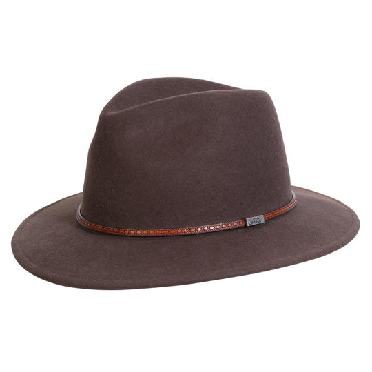 Wool outback hat in color Brown with thin tooled leather hat band and Conner emblem