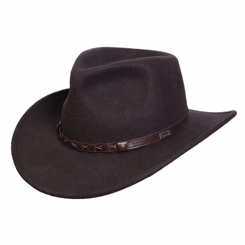 Outback crushable waterproof Brown colored wool hat with Brown faux leather band