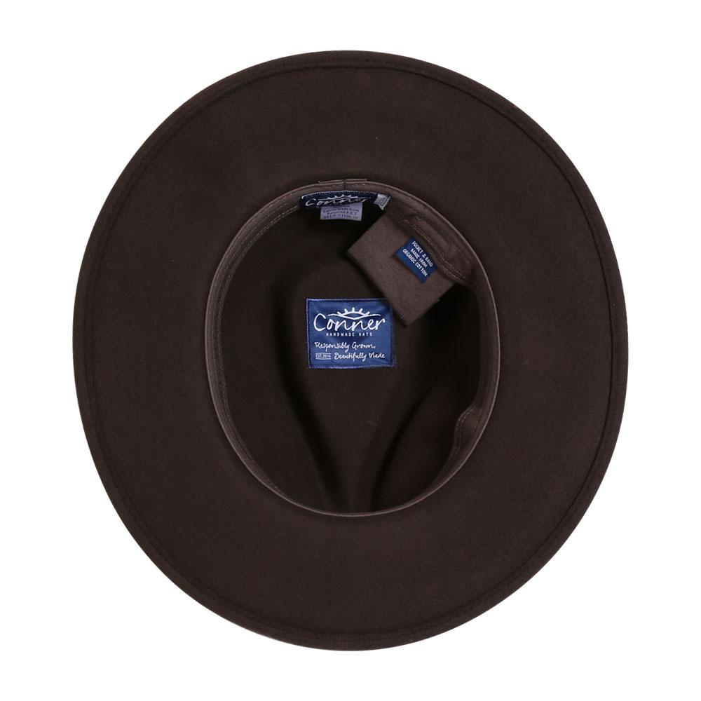 Inside view of outback wool Australian style Hat showing organic cotton inner band and secret pocket to hide credit card or cash