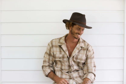 Man smiling wearing Conner Hats Flinders outback wool Australian style Hat with a stitched faux leather hat band