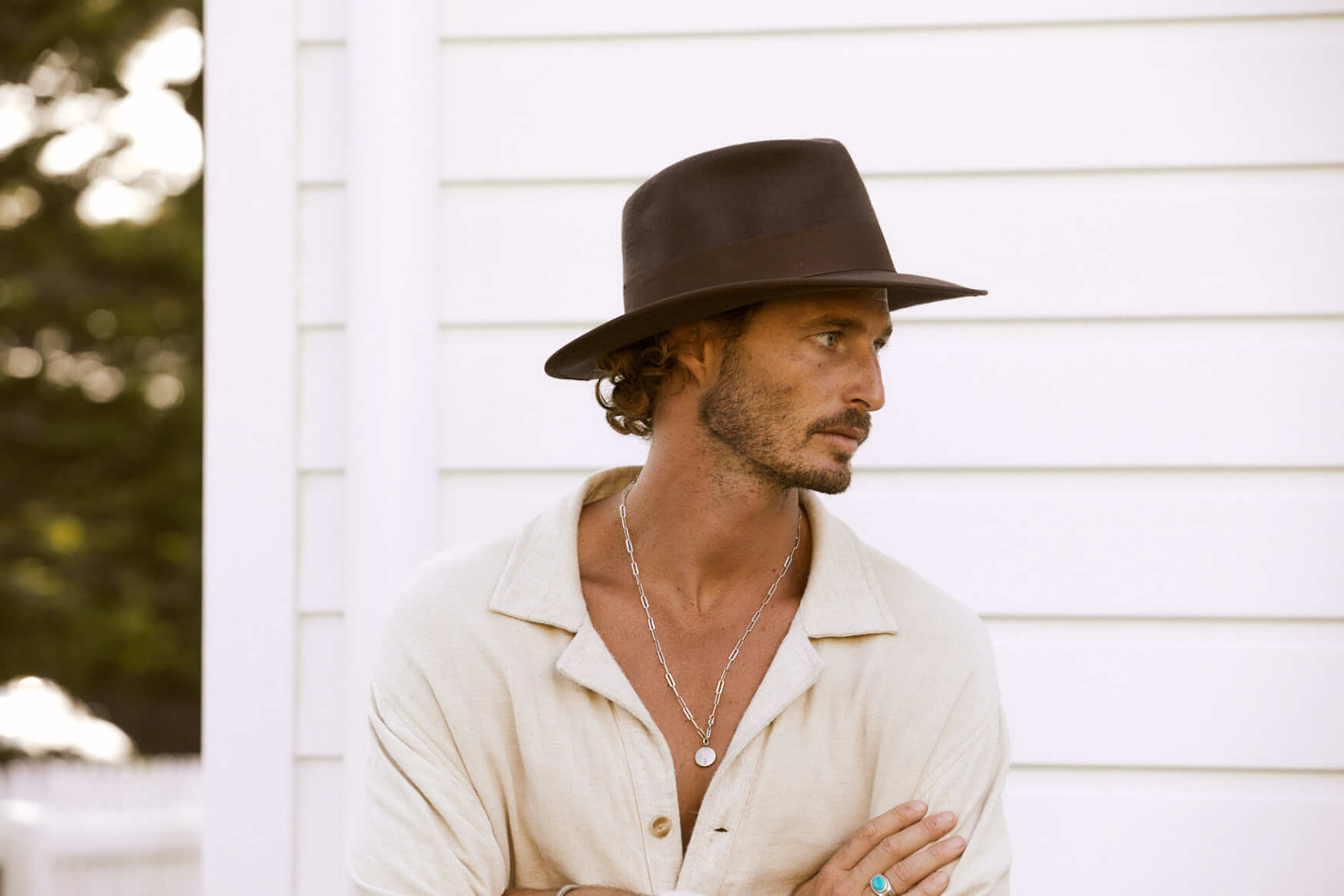 Profile of man wearing Conner Hats Indy Jones crushable Outback wool fedora hat with grosgrain band and trim