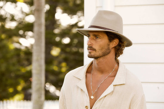 Man outble side wearing Conner Hats Jackeroo crushawool outback Australian style Hat in color Putty with smooth leather hat band and Conner Emblem