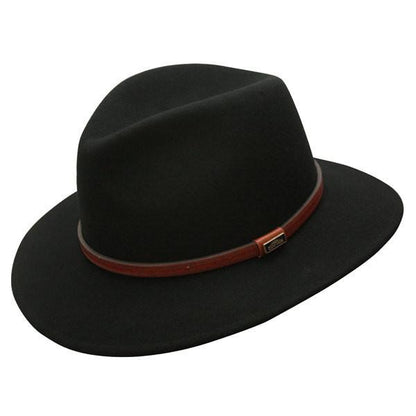 Crushable wool outback Australian style Hat in color Black with smooth leather hat band and Conner Emblem 