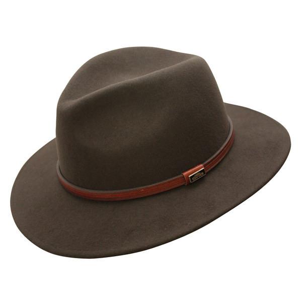 Crushable wool outback Australian style Hat in color Brown with smooth leather hat band and Conner Emblem