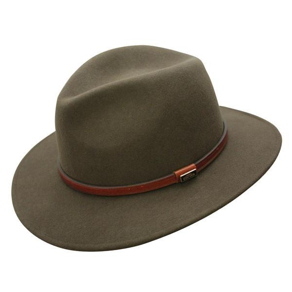 Crushable wool outback Australian style Hat in color Loden Green with smooth leather hat band and Conner Emblem