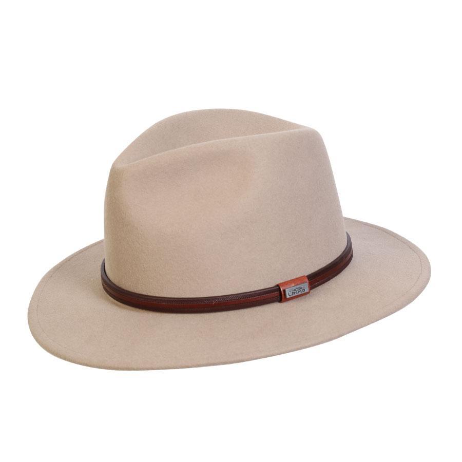 Crushable wool outback Australian style Hat in color Putty with smooth leather hat band and Conner Emblem
