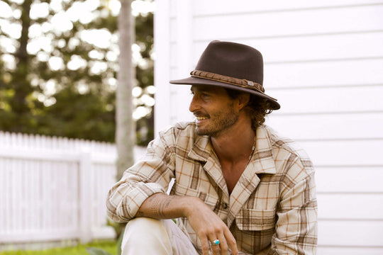 Man outside in plaid shirt wearing outback wool hat in color Brown with leather hat band and Conner emblem