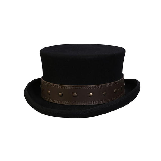 Steampunk wool top hat with leather band and brass colored studs