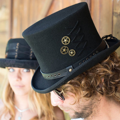 Man in sunglasses wearing Steampunk top hat with brass colored gears and lace with a Black leather band with rivets and a chain at back