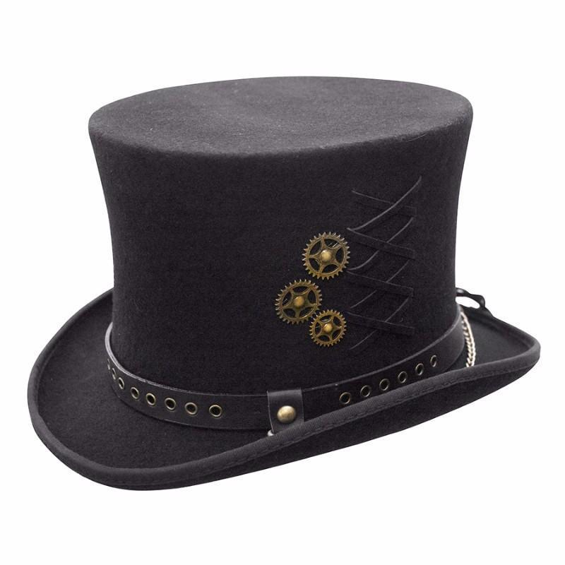 Steampunk top hat with brass colored gears and lace with a Black leather band with rivets and a chain at back 